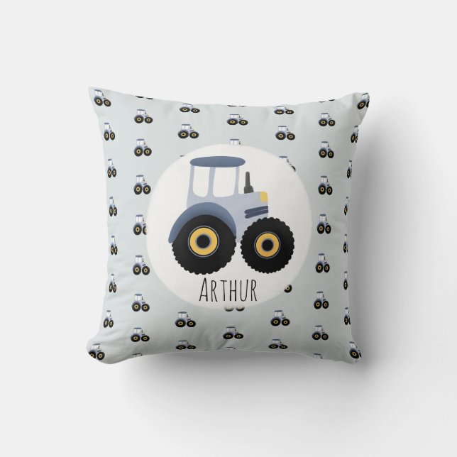 Boy's Cute Blue Farm Tractor Pattern & Name Kids Throw Pillow (Front)