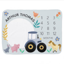 Boys Cute Blue Farm Tractor with Animals Milestone Baby Blanket
