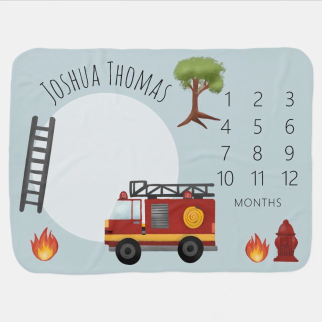 Boys Cute Blue Firefighter Engine & Name Milestone Baby Blanket (Horizontal)