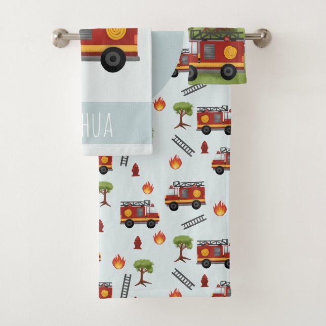 Boys Cute Blue Fireman Truck Pattern Kids Bath Towel Set (Insitu)