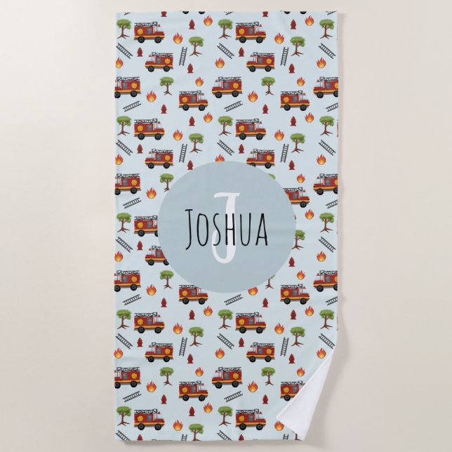 Boys Cute Blue Fireman Truck Pattern Kids Beach Towel (Front)