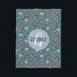 Boys Cute Blue Football Basketball Sports Kids Fleece Blanket<br><div class="desc">This cute blue kids fleece blanket features a sports pattern,  with a football,  soccer ball,  tennis racket and ball,  trophy,  basketball,  and stars. The blanket can be personalized with your boys name and monogram. The perfect gift for any sport lover!</div>
