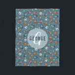 Boys Cute Blue Football Basketball Sports Kids Fleece Blanket<br><div class="desc">This cute blue kids fleece blanket features a sports pattern,  with a football,  soccer ball,  tennis racket and ball,  trophy,  basketball,  and stars. The blanket can be personalized with your boys name and monogram. The perfect gift for any sport lover!</div>