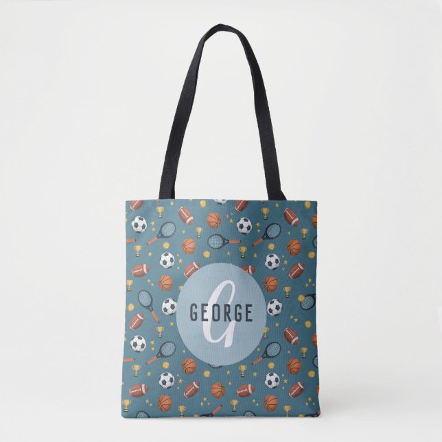 Boys Cute Blue Football Basketball Sports Kids Tote Bag (Front)