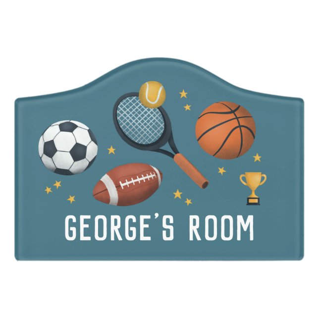 Boys Cute Blue Football Soccer Sports Kids Door Sign (Small Crest Front)