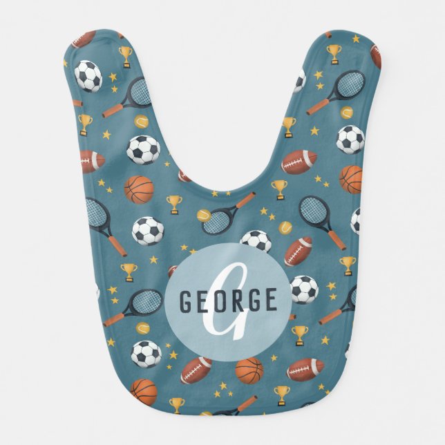 Boys Cute Blue Football Soccer Tennis Sport Baby Bib (Front)