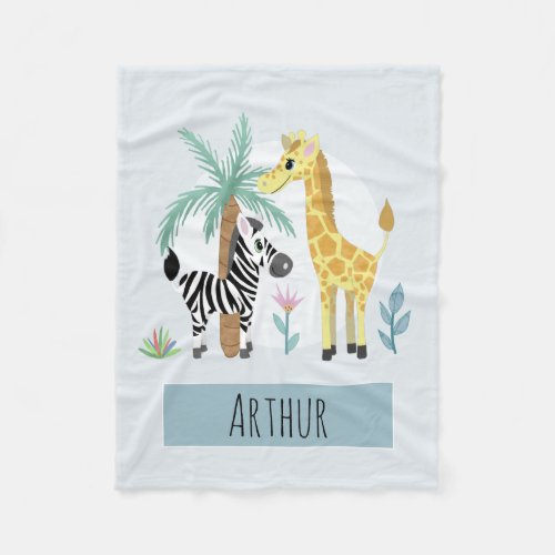 Boys Cute Blue Giraffe and Zebra Safari Name Kids Fleece Blanket