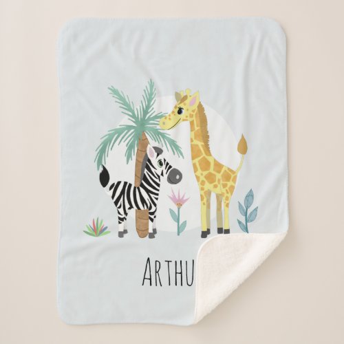 Boys Cute Blue Giraffe Safari  Name Kids Sherpa Blanket