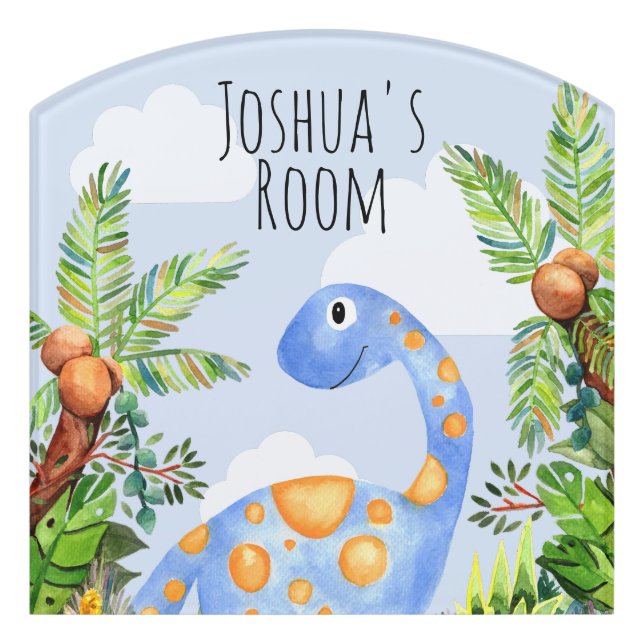 Boys Cute Blue Jungle Dinosaur Kids Door Sign (Contour Front)
