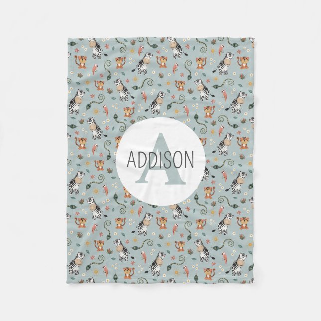 Boys Cute Blue Jungle Monogram Kids Fleece Blanket (Front)