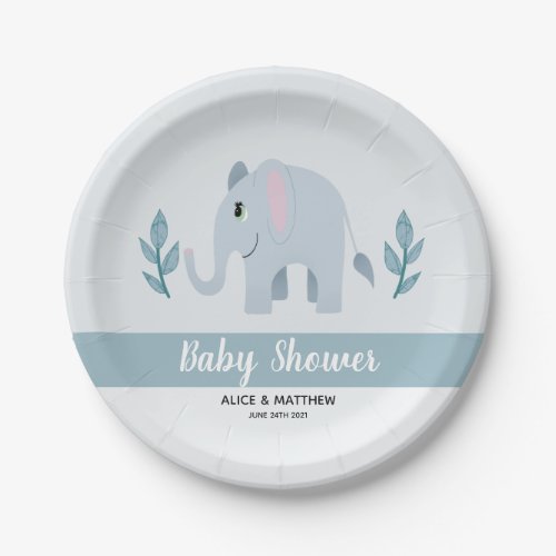 Boys Cute Blue Jungle Safari Elephant Baby Shower Paper Plates