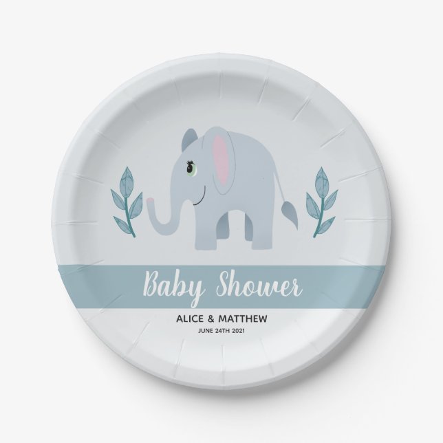 Boys Cute Blue Jungle Safari Elephant Baby Shower Paper Plates (Front)