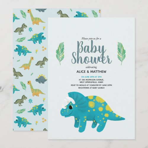 Boys Cute Blue Jungle T-Rex Dinosaur Baby Shower