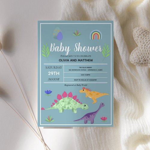 Boys Cute Blue Jungle T_Rex Dinosaur Baby Shower Invitation