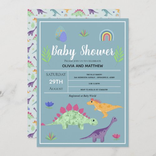 Boys Cute Blue Jungle T_Rex Dinosaur Baby Shower Invitation