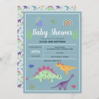 Boys Cute Blue Jungle T-Rex Dinosaur Baby Shower Invitation