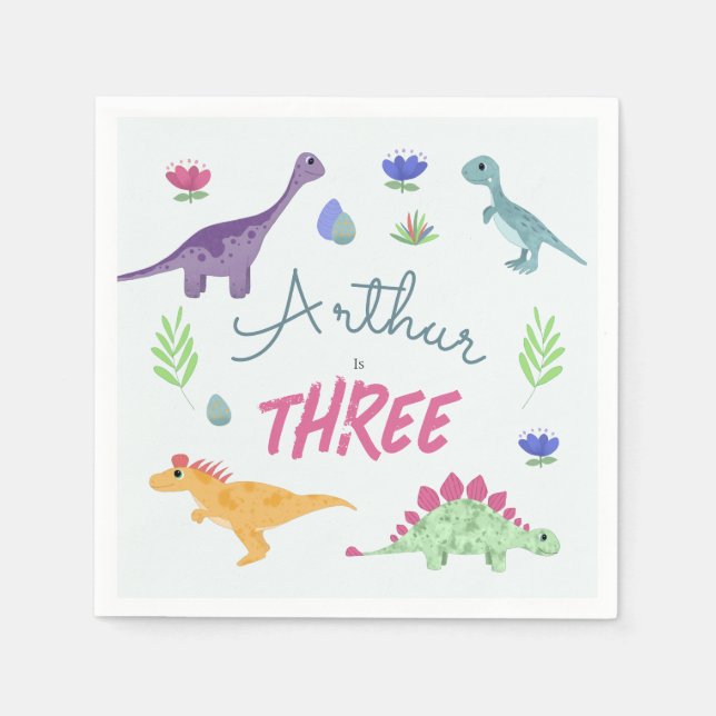 Boys Cute Blue Jungle T-Rex Dinosaur Birthday Napkins (Front)