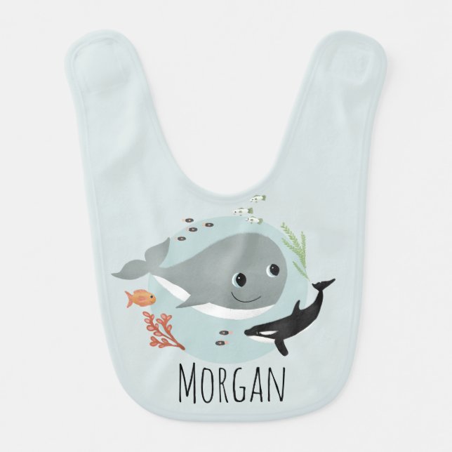 Boys Cute Blue Modern Ocean Whale and Name Baby Bib (Front)