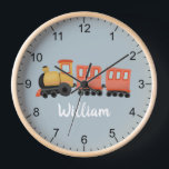Boys Cute Blue Modern Train Travel Baby Nursery Clock<br><div class="desc">This cute and modern baby nursery clock features a train travel illustration and a place for you to add your boy's name. Perfect for any child dreaming of being a train driver or new baby! With clear numbers and a blue background, this clock is also great for a toddler learning...</div>