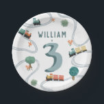 Boys Cute Blue Modern Train Travel Kids Birthday Paper Plates<br><div class="desc">This cute and modern transport-themed kids birthday paper plate design features a blue train travel illustration, with trains, tracks, and greenery in a white background. The plate can be personalized with your boys name and age, the perfect travel-themed addition to your toddler or child’s birthday party. This invitation is set...</div>