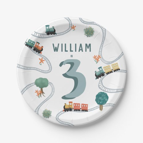 Boys Cute Blue Modern Train Travel Kids Birthday Paper Plates