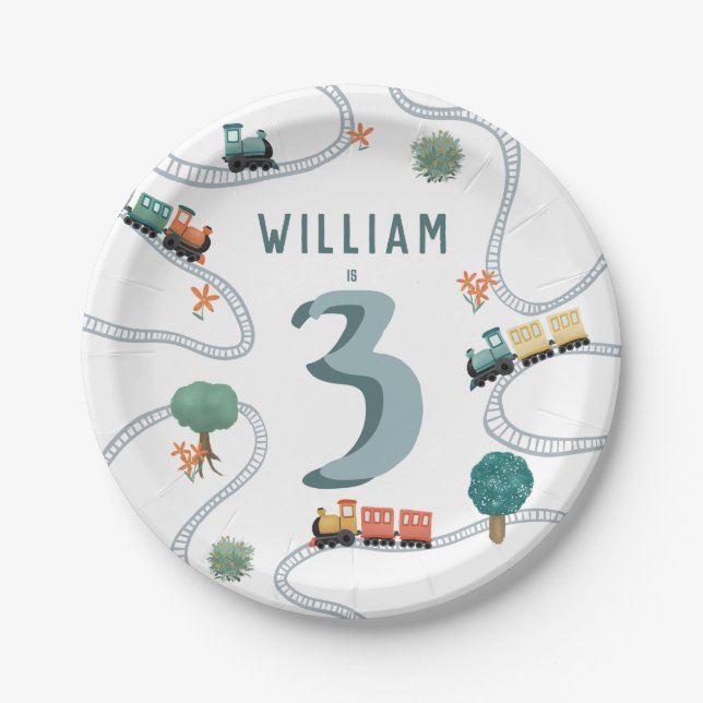 Boys Cute Blue Modern Train Travel Kids Birthday Paper Plates (Front)