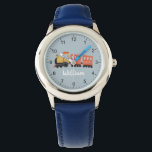 Boys Cute Blue Modern Train Travel Kids Watch<br><div class="desc">This cute and modern kid's watch features a train travel illustration and a place for you to add your boy's name. Perfect for any child dreaming of being a train driver! With clear numbers and a blue background, this fireman watch is great for a toddler learning to tell the time....</div>