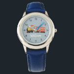 Boys Cute Blue Modern Train Travel Kids Watch<br><div class="desc">This cute and modern kid's watch features a train travel illustration and a place for you to add your boy's name. Perfect for any child dreaming of being a train driver! With clear numbers and a blue background, this fireman watch is great for a toddler learning to tell the time....</div>