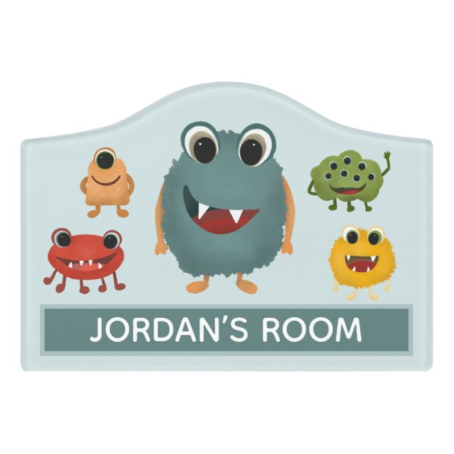 Boys Cute Blue Monster Alien Kids Door Sign (Small Crest Front)