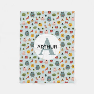 Boys Cute Blue Monster Alien Monogram Kids Fleece Blanket