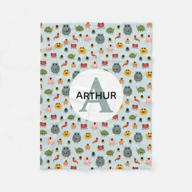 Boys Cute Blue Monster Alien Monogram Kids Fleece Blanket (Front)