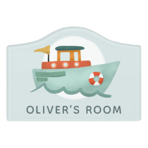 Boys Cute Blue Nautical Boat Cartoon Kids Nursery Door Sign