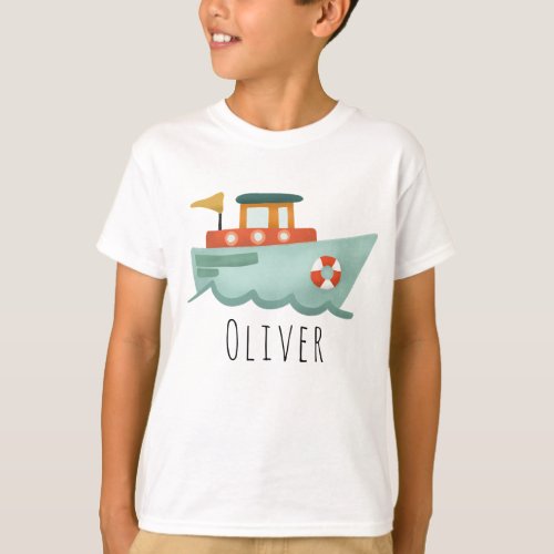  Boys Cute Blue Nautical Boat Kids T_Shirt