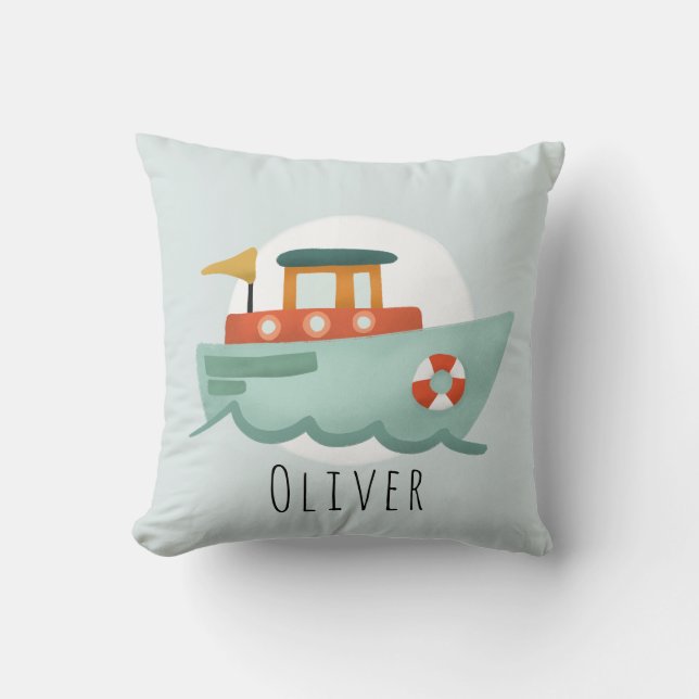  Boys Cute Blue Nautical Ocean Boat Baby Nursery Throw Pillow (Front)