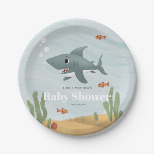 Boys Cute Blue Ocean Sea Shark Baby Shower Paper Plates