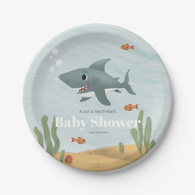 Boys Cute Blue Ocean Sea Shark Baby Shower Paper Plates (Front)