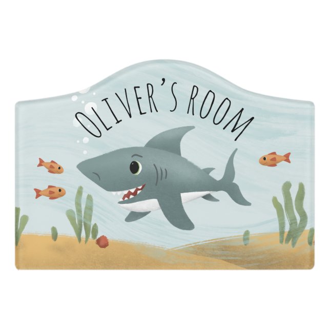 Boys Cute Blue Ocean Shark Kids Door Sign (Small Crest Front)