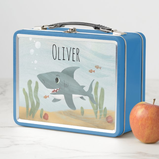 Boys Cute Blue Ocean Shark Kids School Metal Lunch Box (In Situ)