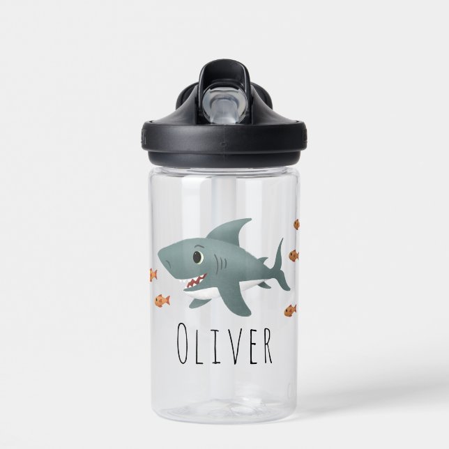 Boys Cute Blue Ocean Shark Kids School Water Bottle (Front)
