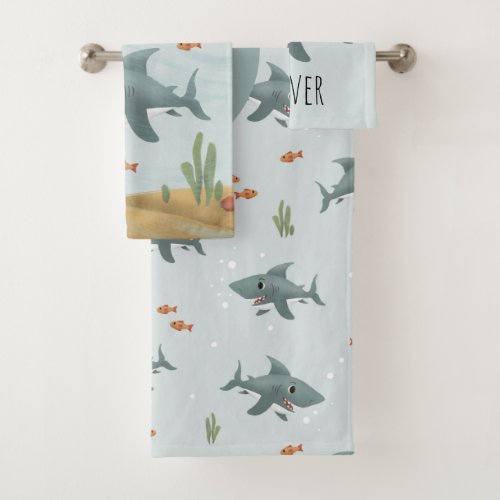 Boys Cute Blue Ocean Shark Monogram Kids Bath Towel Set