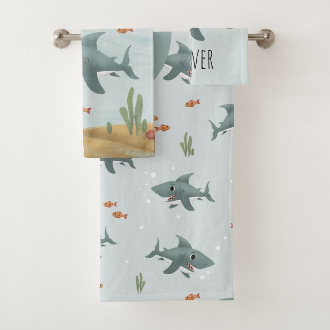 Boys Cute Blue Ocean Shark Monogram Kids Bath Towel Set (Insitu)