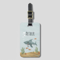 Boys Cute Blue Ocean Shark Name Kids Luggage Tag