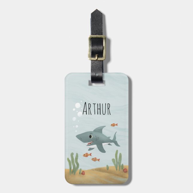 Boys Cute Blue Ocean Shark Name Kids Luggage Tag (Front Vertical)