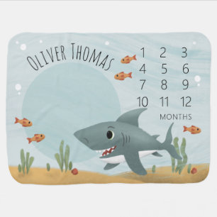 Boys Cute Blue Ocean Shark Under the Sea Milestone Baby Blanket