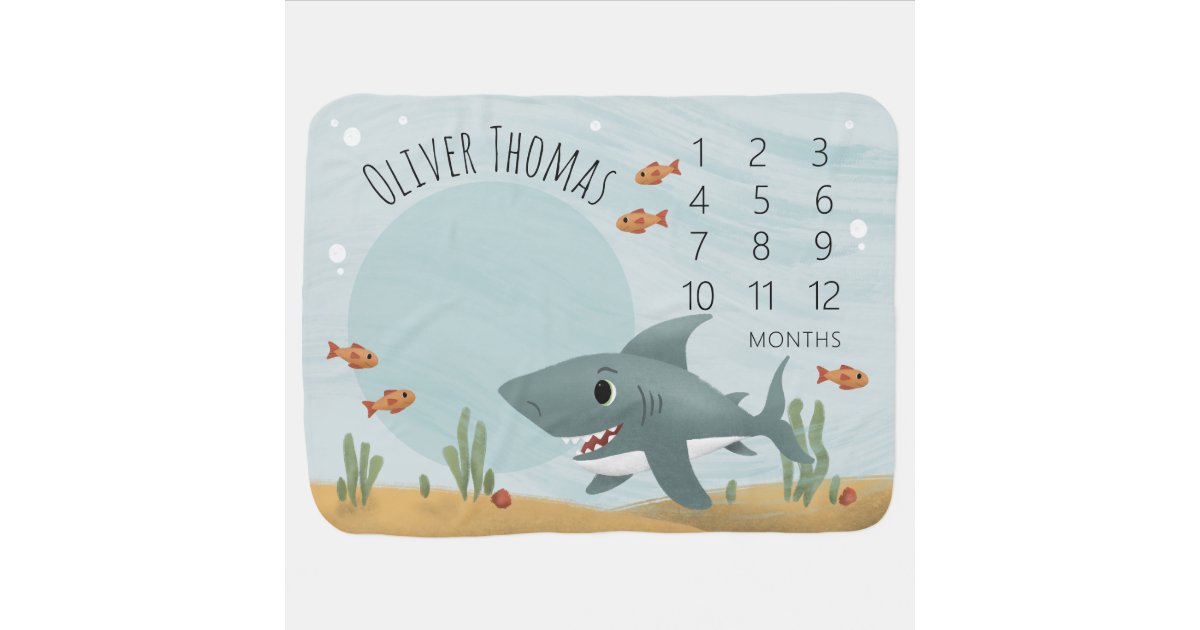 Boys Cute Blue Ocean Shark Under the Sea Milestone Baby Blanket | Zazzle
