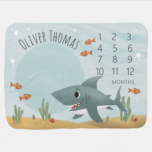 Boys Cute Blue Ocean Shark Under the Sea Milestone Baby Blanket | Zazzle