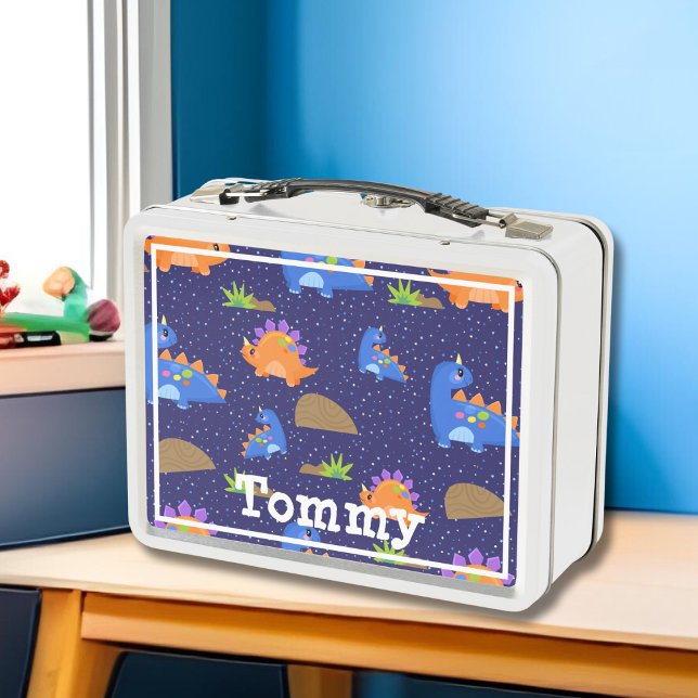 Boys Cute Blue Orange Star Dinosaur  Metal Lunch Box (Creator Uploaded)