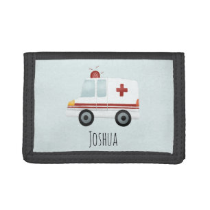 Boys Cute Blue Paramedic Ambulance and Name Tri-fold Wallet
