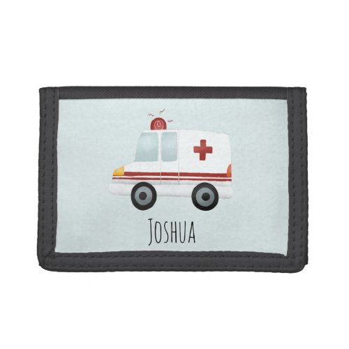 Boys Cute Blue Paramedic Ambulance and Name Trifold Wallet