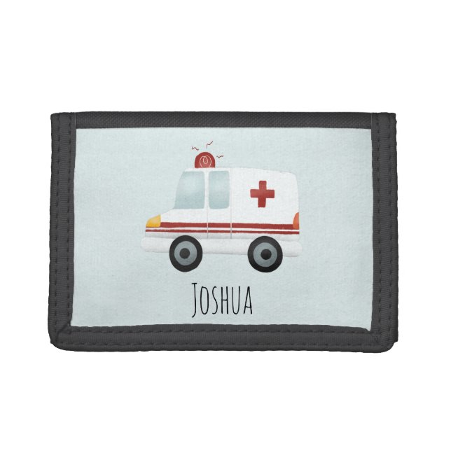 Boys Cute Blue Paramedic Ambulance and Name Trifold Wallet (Front)